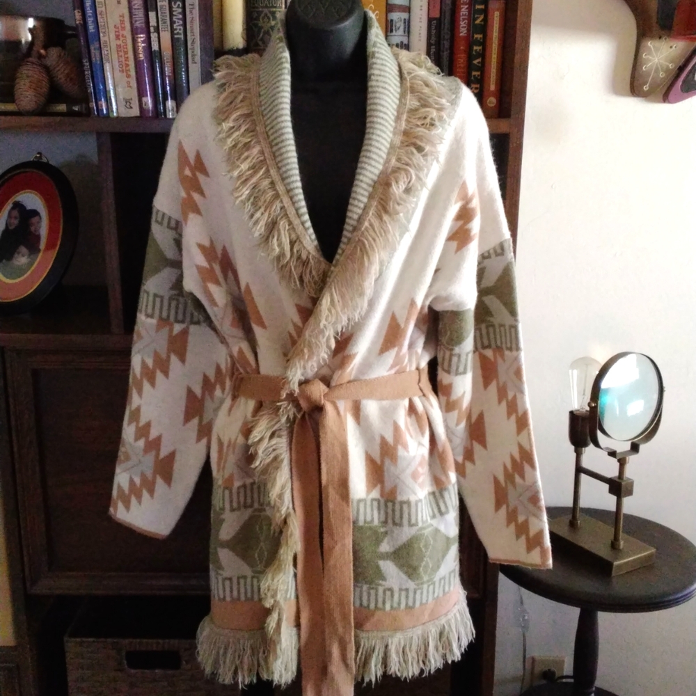 Long Fringe Collar Tie Front Cardigan